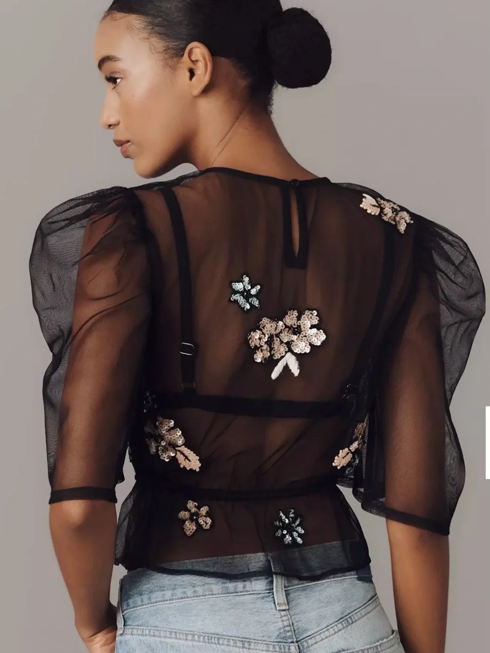 Anthropologie Embellished Sheer Mesh Top XXS